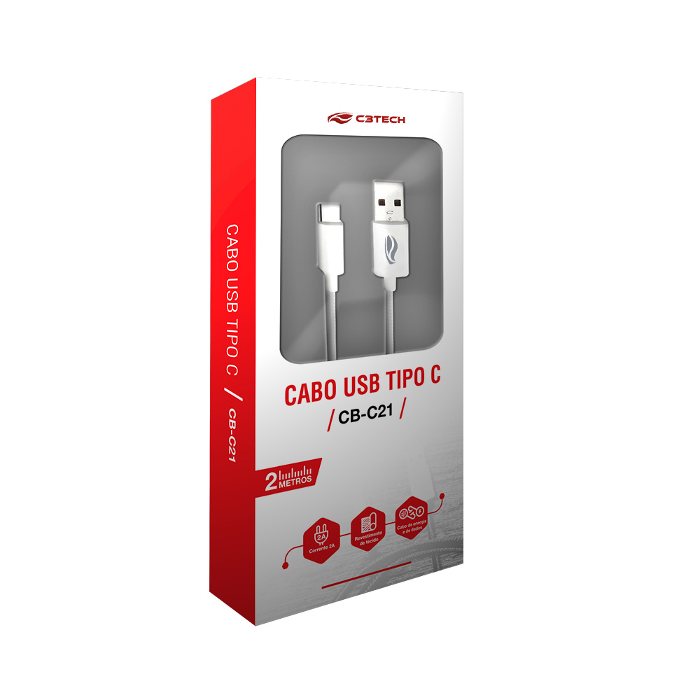 Cabo USB / Tipo-C 2,00m CB-C21WH Branco C3 Tech