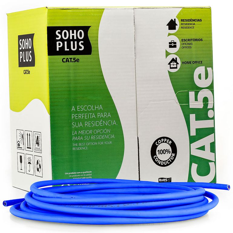 Cabo de Rede CAT5E 24AWG 100% Cobre Azul Sohoplus
