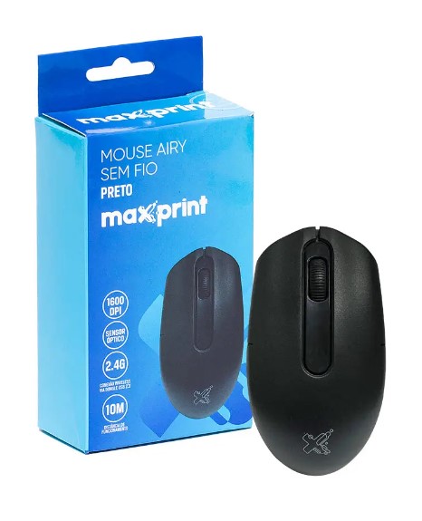 Mouse Wireless 1600DPI Airy Preto Maxprint