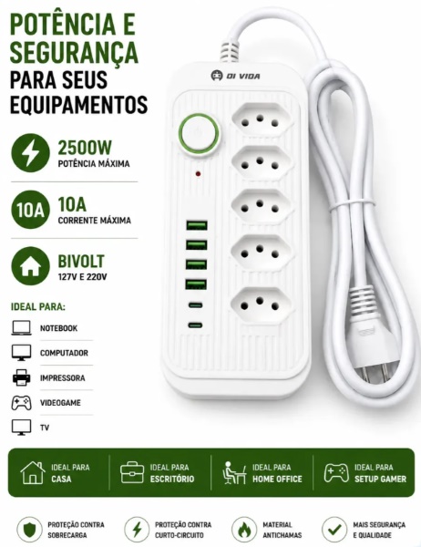 Filtro de linha 5 Tomadas e 4 USB/C Branco Oi-0143