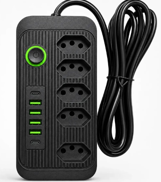 Filtro de linha 5 Tomadas e 4 USB/C Preto Oi-0143